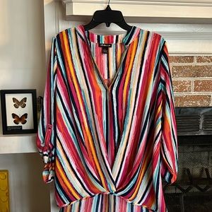 Bright Multi Colored V Neck Blouse with Twist Front Detail